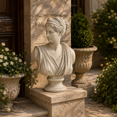 A classical-style stone bust sculpture of a woman with draped clothing, displayed on a pedestal in an outdoor garden courtyard setting.