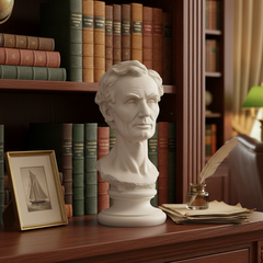 Bust of a historical figure on a wooden desk with books and decor in the background