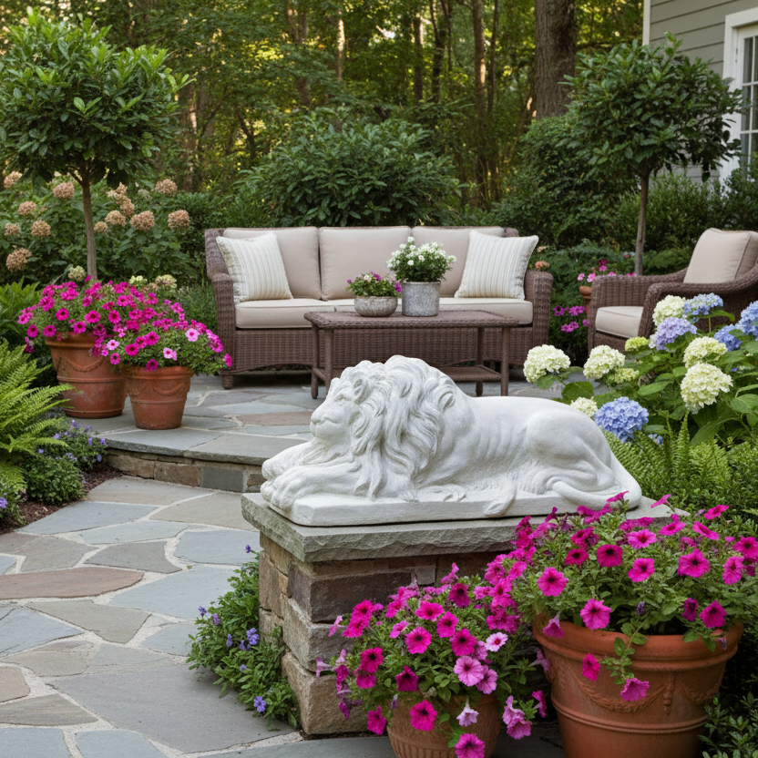 Garden scene with a stone lion sculpture, potted plants, and a stone pathway.