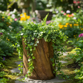 Decorative planter made from a tree stump with climbing plants in a garden setting.