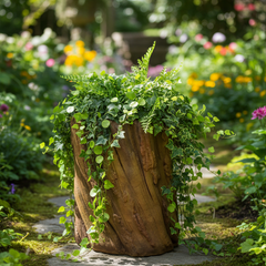 Decorative planter made from a tree stump with climbing plants in a garden setting.
