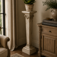 Nestled corner of a room with a plant on a pedestal, books on a wooden cabinet, and a window with curtains.