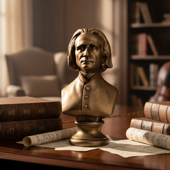 Bronze bust of a historical figure on a desk with books and papers