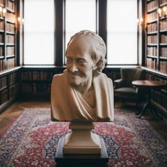 Large Voltaire bust in pale stone on a square plinth, standing on a patterned rug in a panelled library with tall windows and bookcases
