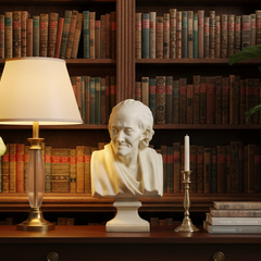 Bust of a classical figure on a wooden table with a lamp and books in front of a bookshelf.