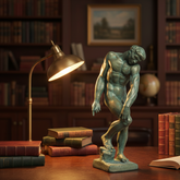 Statue of a thinker on a desk with books and a lamp in a library setting