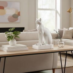 White cat statue on a wooden table in a living room with a couch and decorative items.