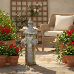 Decorative stone fire hydrant with potted plants on a patio