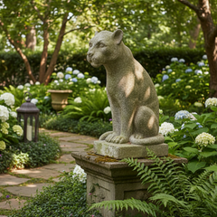 Stone lion statue in a garden with flowers and trees