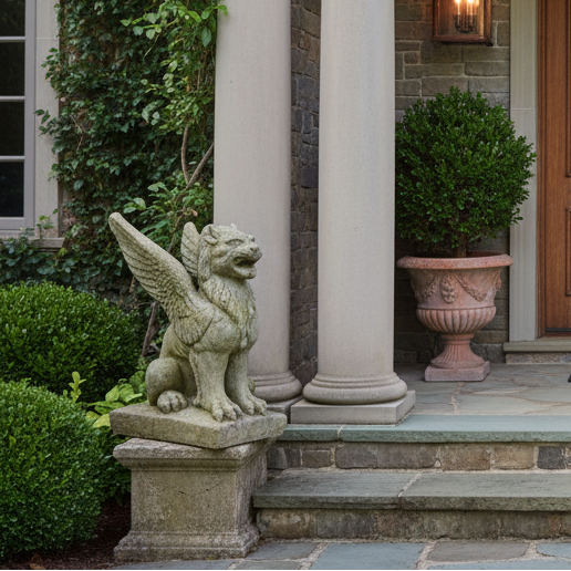 Decorative entrance with wooden door, columns, and gargoyle statues.
