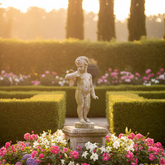 A small stone cherub statue stands on a pedestal in a sunlit garden, surrounded by pink and white flowers with neatly trimmed hedges in the background.