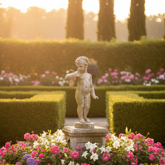 A small stone cherub statue stands on a pedestal in a sunlit garden, surrounded by pink and white flowers with neatly trimmed hedges in the background.