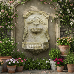 Decorative stone wall fountain surrounded by potted plants and flowers