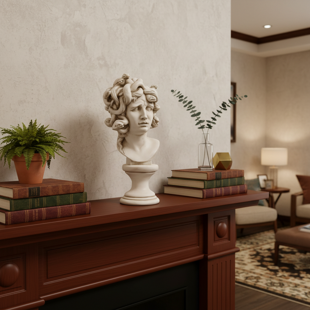 Medusa Bust - Greek & Roman Busts Statue Decorative bust on a wooden mantelpiece with books and a plant in a living room setting.