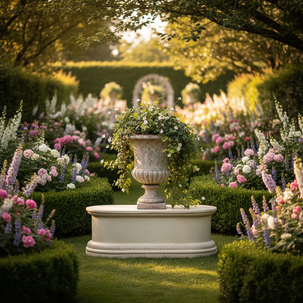 Decorative urn in a garden with flowers and trees