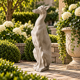 A realistic gray stone statue of a sitting greyhound dog placed outdoors on a stone patio in a landscaped garden with green shrubs, white flowers, and a large planter.