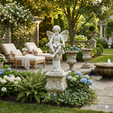 Reading fairy garden statue, 20 inch winged figure seated with a book on a pedestal, among hostas and hydrangeas beside a patio