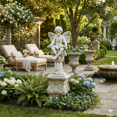 Reading Fairy 20 Garden Angel Statue Garden scene with a stone angel statue, chairs, and flowers.