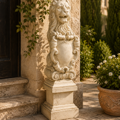 A stone lion statue with a shield emblem, mounted on a tiered pedestal, positioned outdoors on a stone patio next to a stone wall with climbing greenery.