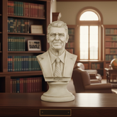 Bust of a man on a desk in a library setting with bookshelves and windows in the background.