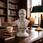 Bust of a man on a wooden desk with books and a lamp in the background