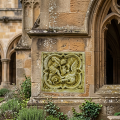 A close-up of a stone architectural corner featuring a carved relief plaque with a winged figure, set in a garden courtyard with stone paving, plants, and a bench.