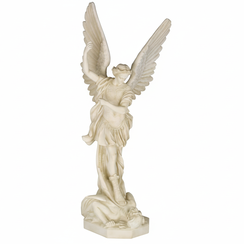 Statue of an angel with outstretched wings on a white background