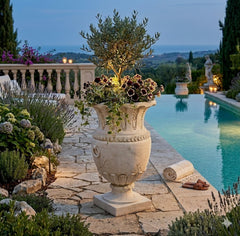 Decorative urn with flowers by a poolside in an elegant garden setting