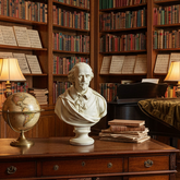 Shakespeare Classic 30" Bust of a man on a wooden desk with books and a globe in a library setting