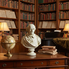 Shakespeare Classic 30" Bust of a man on a wooden desk with books and a globe in a library setting