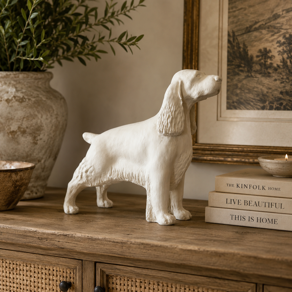 White dog figurine on a wooden surface with books and a plant in the background