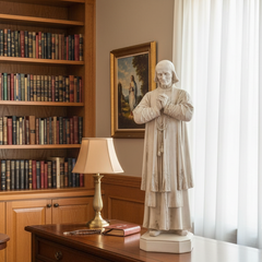 Library with wooden bookshelves, a statue, and a lamp.