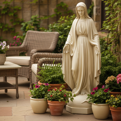 Statue of a religious figure in a garden setting with potted plants and outdoor furniture.