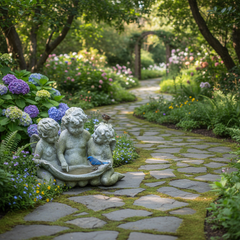 Three Cherub Birdfeeder Sculpture White Moss Garden