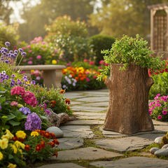 Garden pathway with stone lantern and colorful flowers