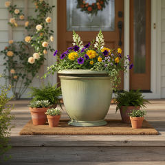 Decorative potted plant on a doormat in front of a house with flowers and a wreath.