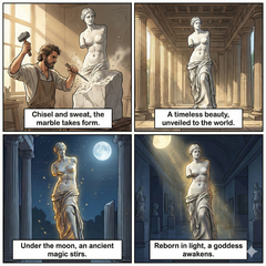 Venus At Bath 63H Comic strip depicting the creation and unveiling of a statue, with text describing the process.