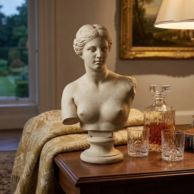 Statue of a woman on a table with a decanter and glasses in a room setting Venus De Milo Bust Small 13 H