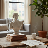 Statue on books with a cup and notebook on a wooden table in a cozy living room.