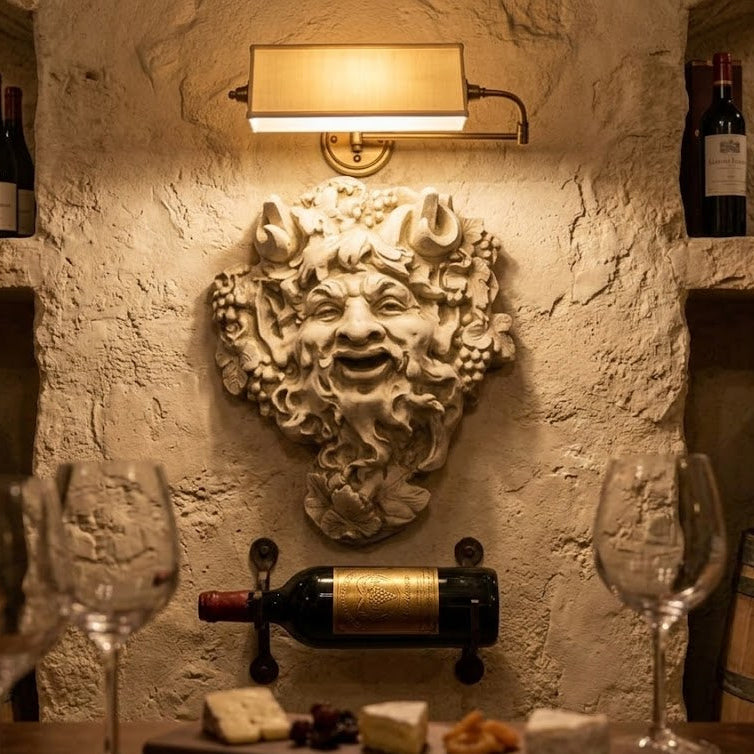 Wine cellar with wine bottles, glasses, and a decorative wall mask Wall Bacchus 10 Small Wall Plaque Sculpture