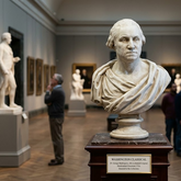 Washington Bust of a historical figure in a museum setting with other sculptures and visitors.