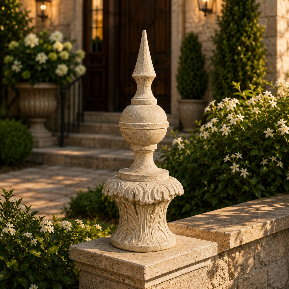 A decorative stone garden finial with a pointed top and ornate carved base, displayed on a stone wall in a landscaped garden setting with flowering bushes and a house entrance in the background.