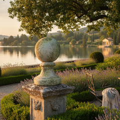 Garden scene with stone sphere, table, and chairs by a lake at sunset.
