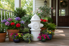 White fire hydrant surrounded by potted flowers on a porch