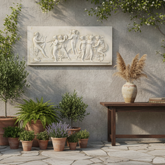 Decorative wall art above a table with potted plants and a vase against a stone wall.