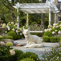 Garden scene with a white fox statue, bench, and pergola.