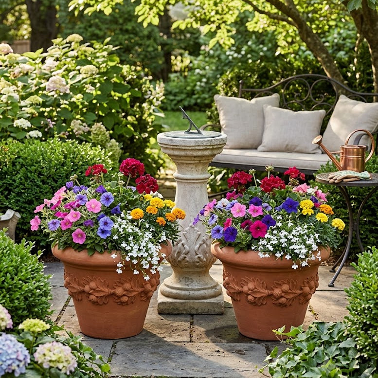 Garden scene with terracotta pots filled with colorful flowers, a stone sundial, and outdoor seating.