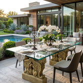 Outdoor dining area with a decorative table and chairs in a modern home setting.