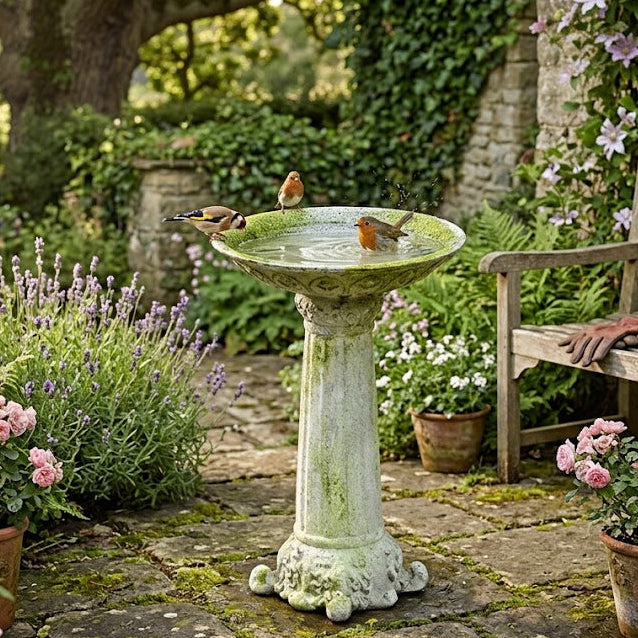 Garden scene with a bird bath, bench, and potted plants