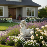 Statue of a unicorn statue in a garden with flowers and a house in the background